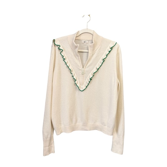 Tory Burch Cashmere Ruffle Trim Half-Zip Pullover Women’s Sweater New Ivory L - Picture 2 of 7